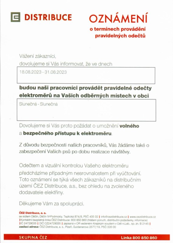 Oznámení o odečtech elektoměrů